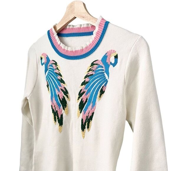 Boho Vibe Parrot Embroidered Mini Sweater Dress in Size Medium - Picture 8 of 14